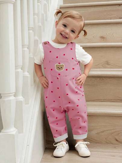 SHEIN Baby Girls Casual Comfortable T-Shirt Top And Cute Bear Heart Print Bib Pants Set, Spring/Summer