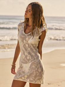 Aralina Lace Sheer Summer Spring Swim Vacation Beach Cover Up Mini Dress Ruffle Sleeve Sexy - Apricot - View 5