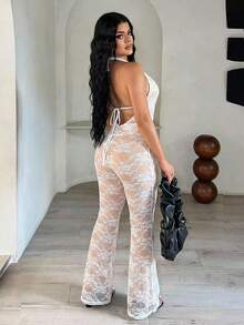 SHEIN SXY 女士露背系带蕾丝拼接性感连体裤，适合约会和派对 - 白色 - 查看 2