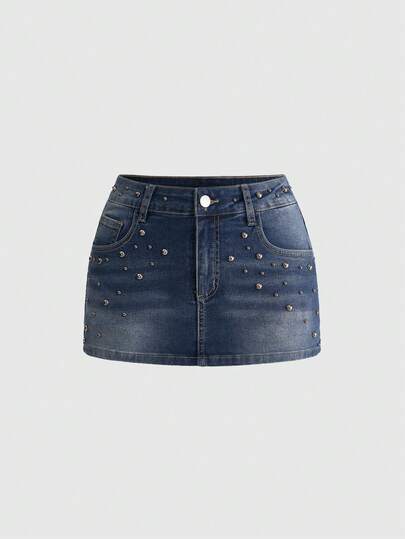 ROMWE J-Fashion 女士复古Y2K铆钉装饰超低腰迷你牛仔裙
