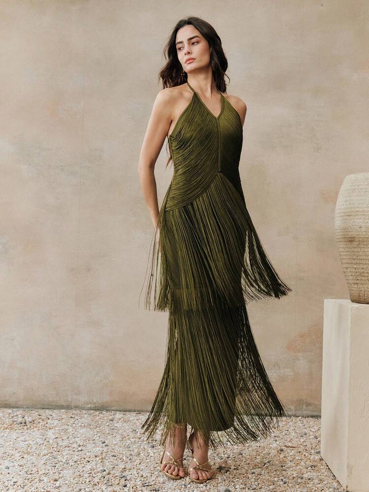 Anewsta Women's New Green Military Green Elegant Banquet Ball Gown Dress, Fringe Sexy Party Valentine's Day Carnival Dress Olive Green Bridesmaid Dress Fringe Dress Elegant One Shoulder Dress Green Wedding Guest Dress - Army Green - View 1