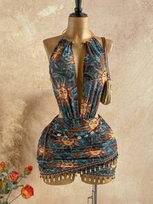 Soleia 女士性感复古图案网纱深V领串珠装饰紧身迷你连衣裙，适合节日派对、圣诞节、约会之夜、夜店、波西米亚风、度假、秋季等场合。 - 藍色 - 查看 3