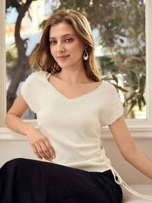 MOTF PREMIUM SOLID COLOR V-NECK DRAWSTRING RUCHED KNIT TOP WITH WAIST DESIGN - White - View 6
