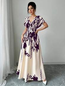 Elenzga V领收腰印花长裙，优雅迷人，适合春夏、秋冬四季穿着，也可作为音乐会、晚礼服、日常通勤、婚礼季/音乐节等场合的礼服。 - 紫色 - 查看 4