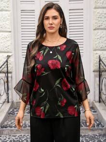 Miaspire 大码女式花卉印花休闲圆领荷叶边七分袖衬衫 - 紅色 - 查看 6