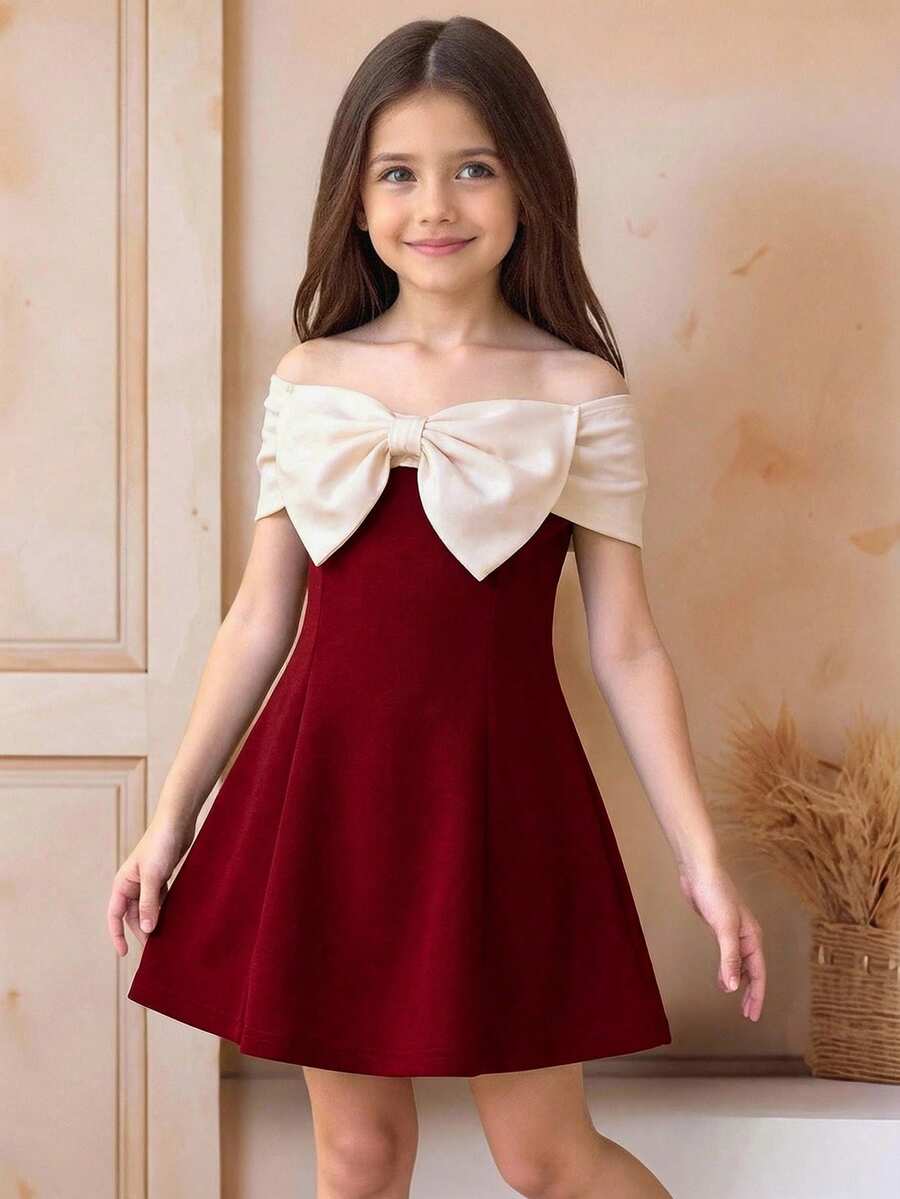 SHEIN 少女可爱优雅撞色蝴蝶结连衣裙 - 酒紅色 - 查看 1