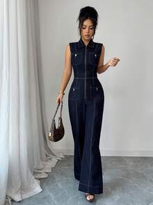 Elenzga Women Denim Overalls & Jumpsuits - Dark Wash - View 3