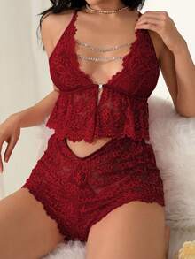 SHEIN Women's Lace Ruffle Trim Sexy Spaghetti Strap Sleepwear Set - Burgundy - View 4
