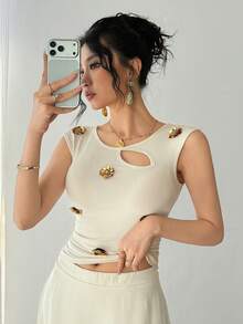 DAZY 女士优雅亮片装饰镂空上衣，夏季婚礼宾客礼服 - 米色 - 查看 4