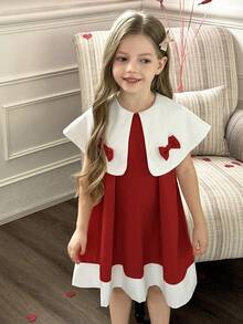 Elladie kids 女童白色领蝴蝶结设计宽松A字连衣裙 - 紅色 - 查看 4