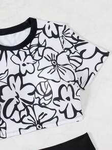 Swim SPRTY Bộ đồ bơi nữ in hoa, áo croptop tay ngắn cổ tròn và quần short đi biển, thích hợp cho kỳ nghỉ biển và lướt sóng, bộ 2 món cho kỳ nghỉ. - Nhiều màu - Xem 6