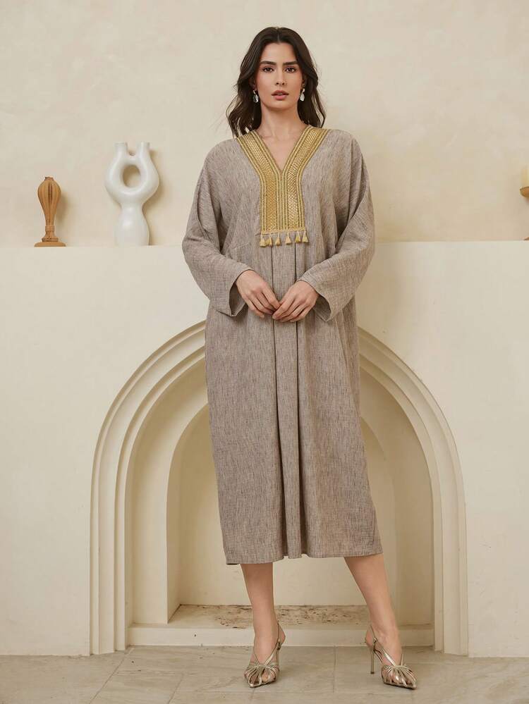 Gold Color Block Loose Midi Dress For Women Sundress