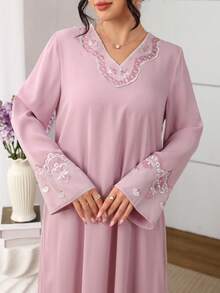 Yasmyna V领优雅贴花装饰粉色阿拉伯风格女式连衣裙 - 粉色 - 查看 8