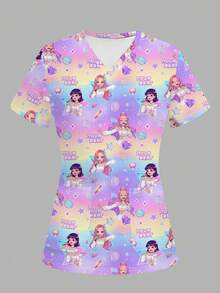 TaskEZ Women's Scrub Uniform Top With Girl Group & Starry Sky Print - Multicolor - View 6