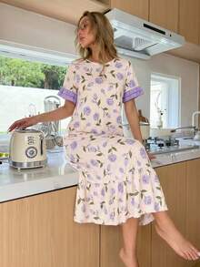 Teen Girl Short Sleeve Round Neck Digital Print Purple Floral, Comfortable Home Dress With Purple Ruffle Hem Design - Apricot - View 4