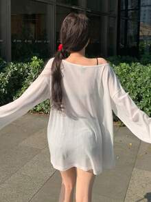 DAZY Áo thun nữ dáng rộng, vai rớt, xẻ tà, màu trơn, thích hợp cho mùa hè. - trắng - Xem 6