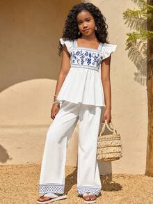 SHEIN White National Style Blue Embroidered Top & Wide Leg Pants Set, Summer Casual Holiday Tea Party Outfit, Square Collar Waist Doll Shirt For Tween Girl - Blue and White - View 3