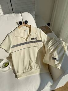 SHEIN Explorewe 2 peças/Conjunto Roupa Polo para Meninas, Top Polo Bege com Fita Refletiva e Decoração com Estampa de Letra + Shorts Esportivos Soltos, Conjunto Esportivo Casual para Uso Diário - Damasco - Visão 5