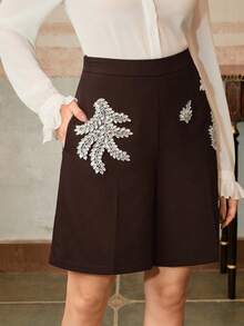 Anewsta Women's Elegant Modern Bermuda Rhinestone Embellished Shorts, Suitable For Spring, Summer, Festivals, Graduation - Mocha Brown - View 3