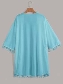 Swim Basics Women's Solid Color Fringe Decor Casual Vacation Kimono Cover Up - Mint Blue - View 2