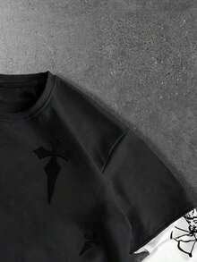 ROMWE MEN 男士休闲圆领二合一十字图案T恤 - 黑色 - 查看 5