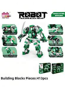 Green & White Kendo Steel Samurai Mecha Robot Building Blocks (413PCS) - Movable Joints & Detachable Weapons Kit - Multicolor - View 4