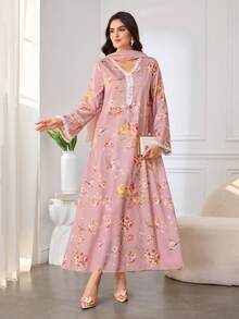 Al Najma Women's Elegant Floral Print Lace V-Neck Loose Long Arabic Dress - Pink - View 6