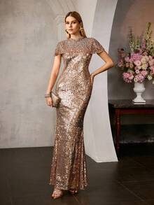 MOTF PREMIUM 女士优雅亮片高领长款晚礼服，饰有水钻装饰和美人鱼下摆，适合正式活动和庆典 - 香檳色 - 查看 7