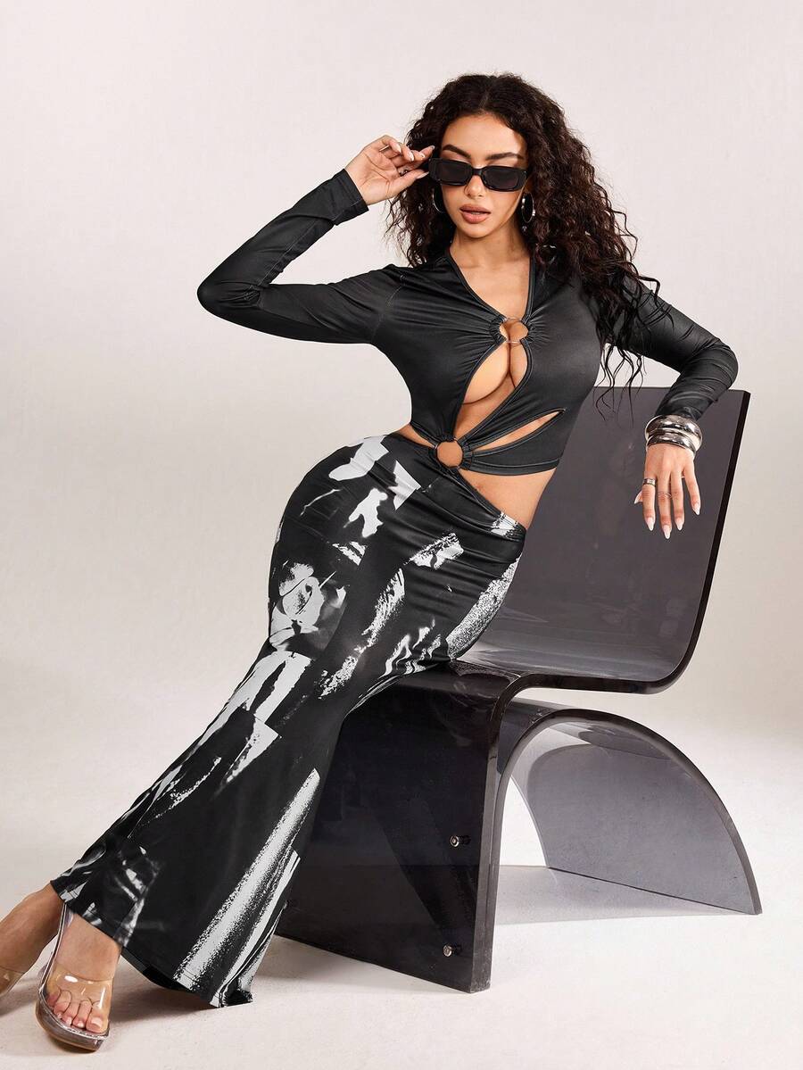 plantica Casual Sexy Urban Chic Minimalist Fashion Women's Black Printed Bodycon Long Sleeve Deep V Metal Buckle Structured Dress, Suitable For Outings, Travel, Dates, Parties, Holidays, Valentine's Day, Spring/Summer,Going Out,Sexy, Elegant,, Wedding Guest, Music Festival, Musician, Night Club - Black - View 1