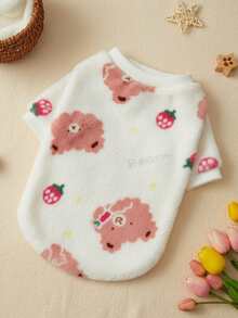 PETSIN 1件粉色熊头草莓印花宠物服，秋冬季加厚保暖法兰绒宠物衣服 - 白色 - 查看 1