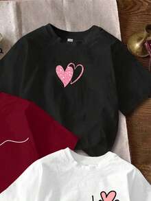 Attitoon Conjunto de 3 camisetas femininas casuais minimalistas com estampa de coração, gola redonda, manga curta e modelagem cropped justa. - Multicolorido - Ver 4