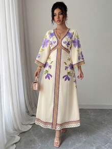 Yasmyna 女士印花V领喇叭袖优雅连衣裙，度假款 - 紫色 - 查看 3