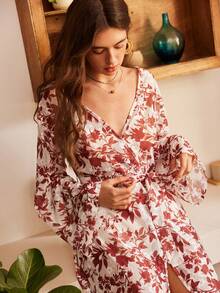 Bohemian Vacation Plant Lace Print Deep V-Neck Robe - Brown - View 5