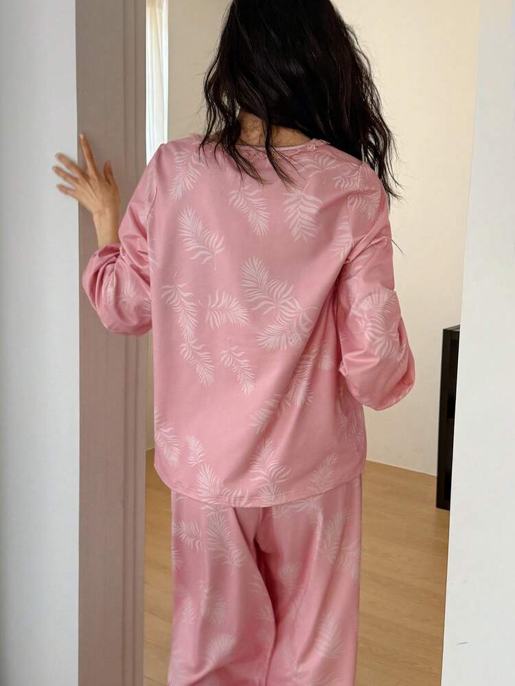 Floral Print Lantern Sleeve Pajama Set For Women