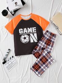 2pcs/Set Tween Boys Fashionable Pajama Set, Football Graphic Top Paired With Plaid Pants, Loungewear - Multicolor - View 10