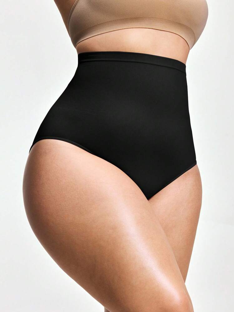 SHEIN Calzones de talle alto y unicolor para mujer de talla grande que estilizan la figura - Negro - Añade 4