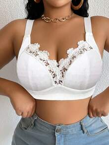 大码优雅纯色蕾丝拼接无钢圈文胸 - 白色 - 查看 3