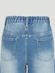 SHEIN Jeans de mezclilla para niñas preadolescentes, nueva colección de verano, casual y cómoda, mezclilla lavada en color azul claro, con aplicaciones de rhinestones, silueta de pierna ancha, tela de algodón suave, adecuada para uso diario, escuela, transporte, reuniones - Azul lavado medio - Ver 7