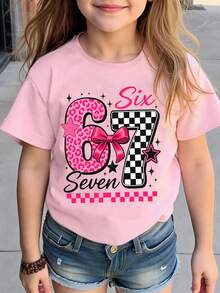 Tween Girls Casual Chic Sweet Minimalist "67" & "SIX SEVEN" Print Short Sleeve Round Neck T-Shirt, Summer Tops, Pink - Pink - View 7