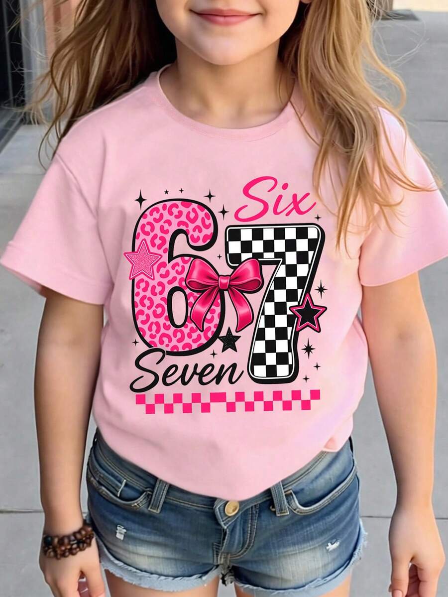 少女休闲时尚甜美简约“67”和“SIX SEVEN”印花短袖圆领T恤，夏季上衣，粉色 - 粉色 - 查看 1