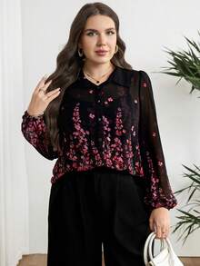Modelyn Plus Size Floral Print Front Button Casual Long Sleeve Shirt - Multicolor - View 7