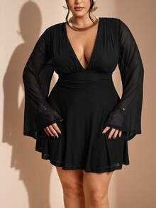 SHEIN BAE V-Neck Patchwork Waist Cinched Long Sleeve Short Dress - Black - View 5