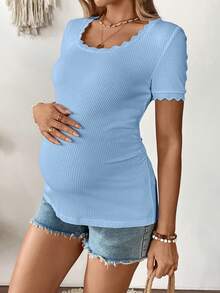 SHEIN Maternity Casual Solid Color Short Sleeve Fitted T-Shirt, Summer - Blue - View 7