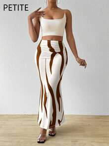 SHEIN PETITE Women's Summer Abstract Striped Print Ruched Fishtail Hem Vacation Brown Skirt - Coffee Brown - View 4