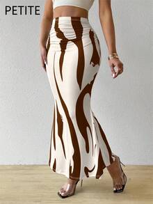 SHEIN PETITE Women's Summer Abstract Striped Print Ruched Fishtail Hem Vacation Brown Skirt - Coffee Brown - View 6