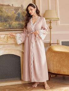 PalaceNights 一套女士时尚提花蕾丝边长袖长袍+无袖睡裙睡衣套装 - 粉色 - 查看 3