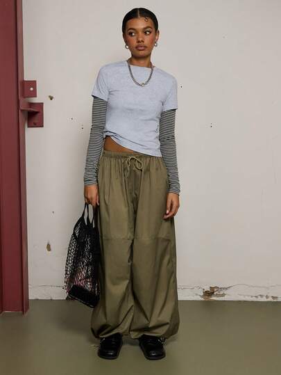 COUREZ Low Rise Baggy Parachute Trousers /Y2K Spring Clothes For Women Street Streetwear Green Sweatpants For Women Going Out Outfits Back To School Summer Outfits