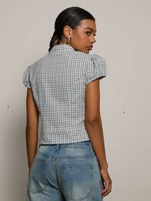 COUREZ PUFF SLEEVE ASYMMETRIC TIE FRONT SHIRT - Blue and White - View 3