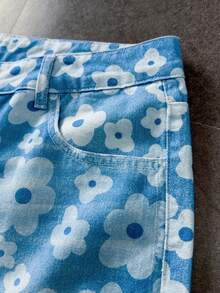 ROMWE MEN Street Life Quần short denim nam in họa tiết hoa, kiểu dáng thường ngày. - Màu xanh lam - Xem 6