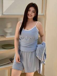 Dazy Plus 三件套：花卉撞色蕾丝开衫、长袖上衣和修身短款睡衣套装，优雅春夏睡衣 - 藍色 - 查看 8